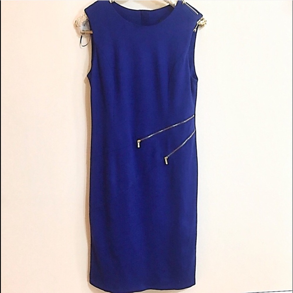 Premise Blue Sleeveless Midi Dress with Gold Zipper Accents Size 8 NWOT